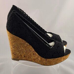Nine West Mickele Crochet Wedge Heels Black Sandals Womens 7.5 Cork Platform